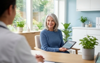 Patient consulting with doctor about knee arthritis treatment options in modern medical office