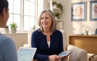 Patient reviewing regenerative medicine vs surgery outcomes data during medical consultation