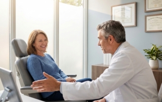 Patient consulting with doctor about chronic joint pain treatment options in modern medical office