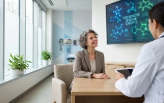 Patient consulting about knee replacement alternatives 2026 in modern regenerative medicine clinic
