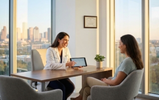 Houston regenerative orthopedics consultation with Texas Medical Center skyline visible through windows