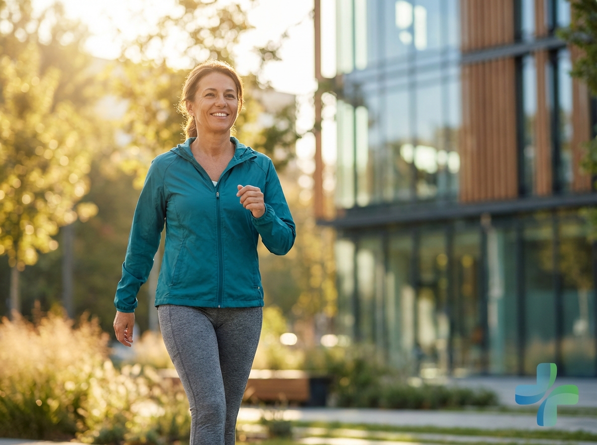 Active adult walking confidently outdoors representing successful hip arthritis non surgical treatment outcomes