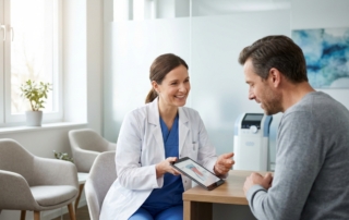Healthcare professional consulting with patient about how stem cell therapy works for joints in modern clinic