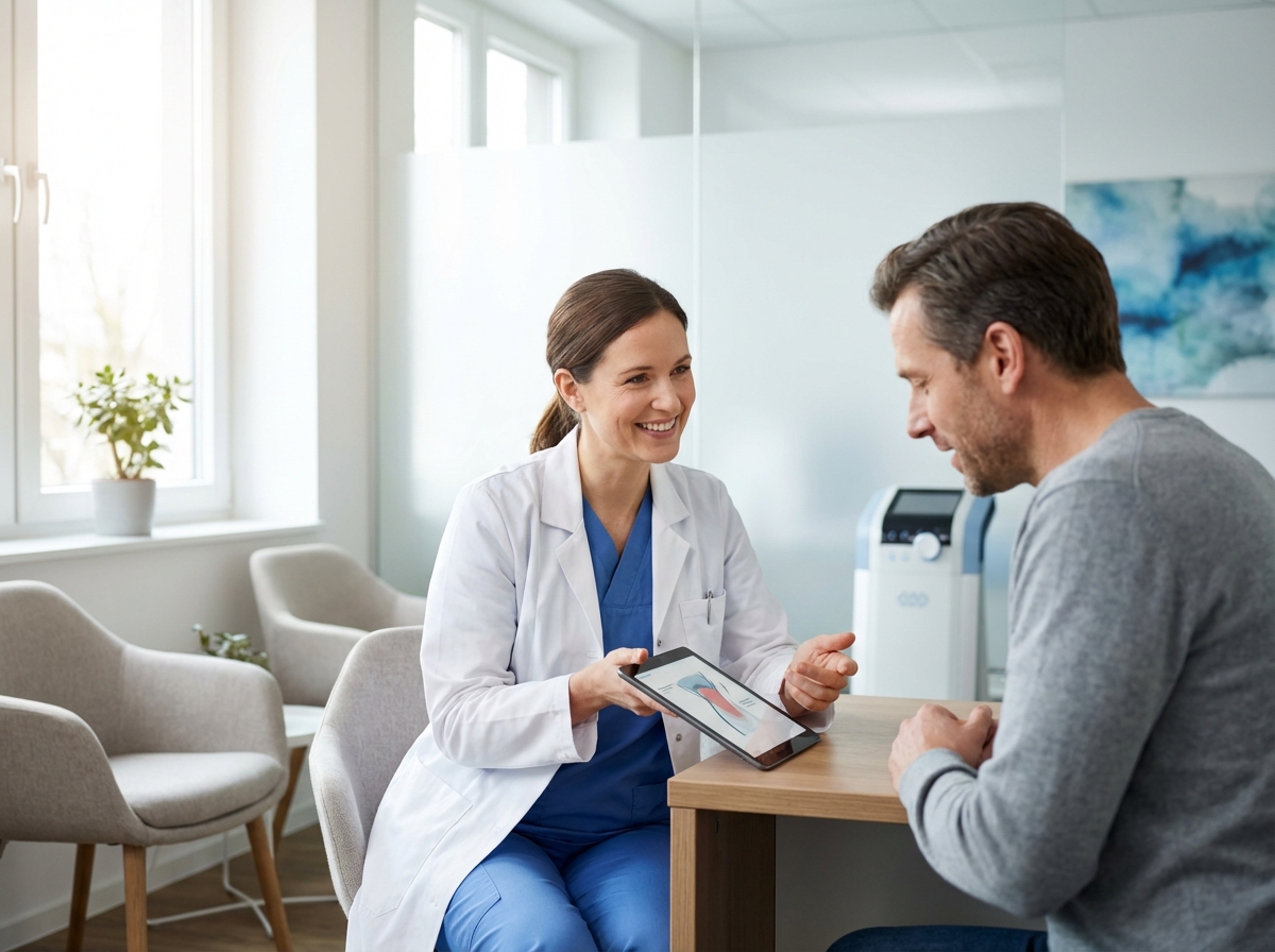 Healthcare professional consulting with patient about how stem cell therapy works for joints in modern clinic