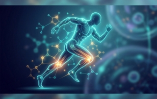 Athletic figure with glowing joint highlights representing targeted peptide injection for muscle recovery