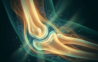 Glowing elbow joint illustration representing golfer's elbow regenerative treatment and tendon healing