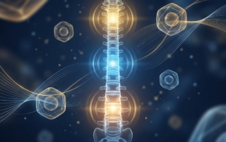 Illustrated spine with three highlighted target zones representing back pain regenerative injection therapy