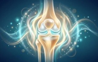 Glowing knee joint illustration representing knee meniscus cellular therapy and regenerative healing