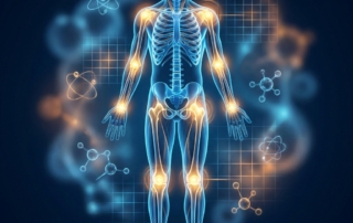 Stylized illustration of the musculoskeletal system with glowing joints representing peptide therapy for orthopedic conditions