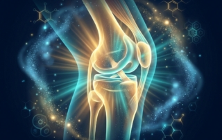 Stylized illustration of a knee joint glowing with cellular therapy particles, representing knee osteoarthritis regenerative treatment.