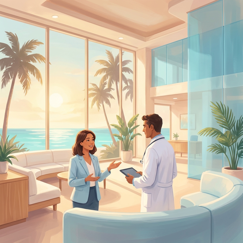 Modern Florida regenerative medicine clinic with physician consulting patient, representing stem cell treatment Florida options under SB 1768