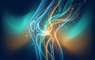 Glowing knee joint illustration representing knee cartilage regeneration treatment and cellular healing
