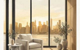 Modern Manhattan consultation suite overlooking the skyline, representing boutique regenerative orthopedics in New York