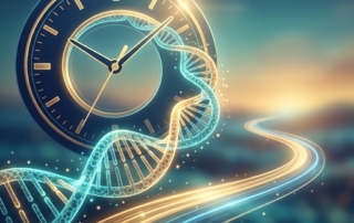 Conceptual illustration representing stem cell therapy age considerations through biological and chronological time symbols