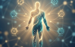 Glowing human silhouette with eight data points illustrating stem cell treatment personalization profiling