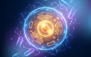 Glowing stem cell surrounded by molecular pathways illustrating stem cell therapy medication interactions