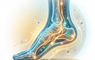 Illustrated foot with regenerative energy highlighting the plantar fascia arch, symbolizing plantar fascia tear treatment and healing.
