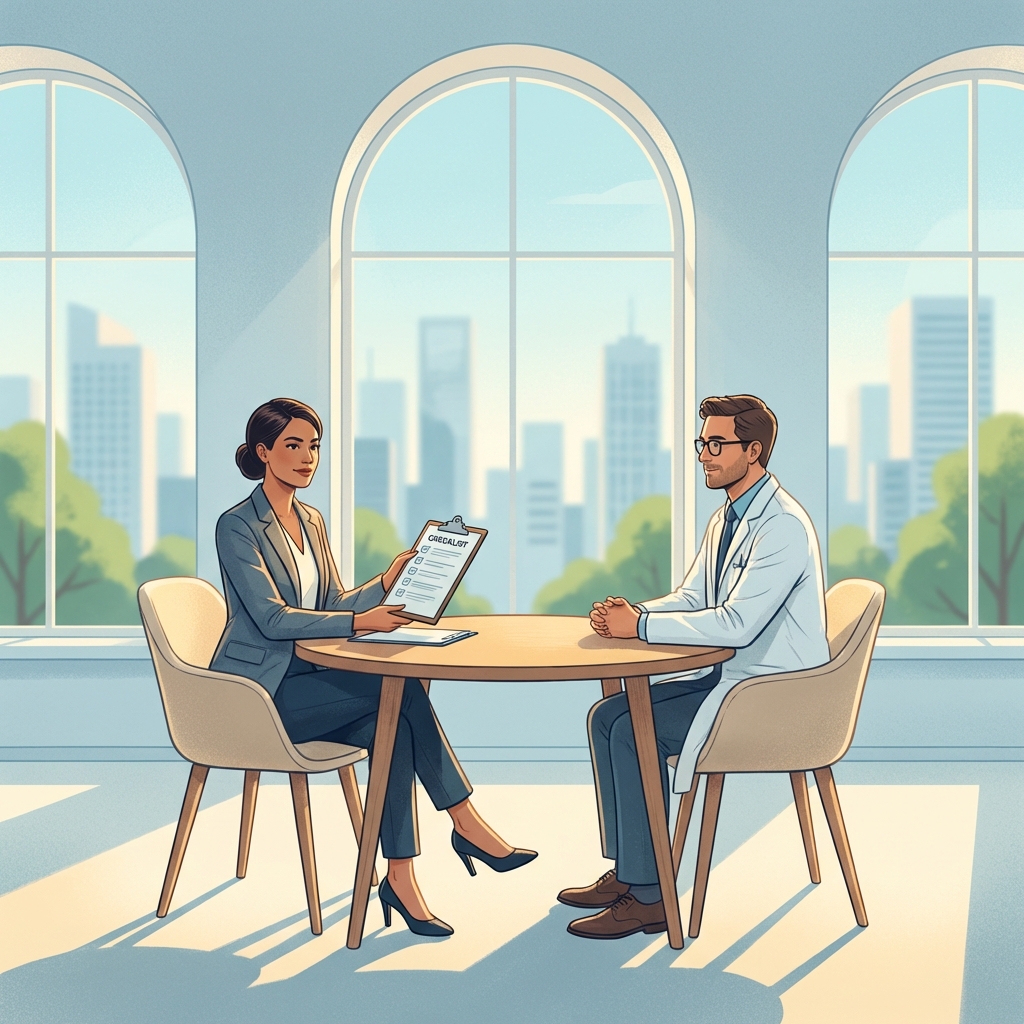 Patient consulting with a physician at a regenerative orthopedic clinic in Austin, reviewing a care checklist