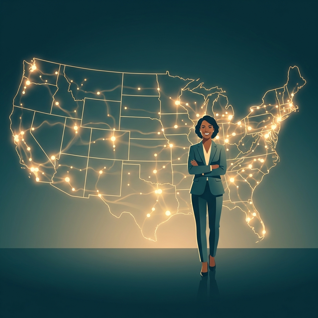 Illustrated network map showing connected multi location regenerative medicine clinic access points across the US with a confident patient figure