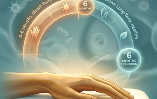 Conceptual illustration of healing timeline for de Quervain tenosynovitis PRP injection treatment showing recovery arc