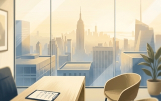 Modern Manhattan clinic consultation room overlooking NYC skyline, representing stem cell therapy New York City patient vetting