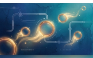 Stylized illustration of glowing exosome vesicles and clinical pipeline pathways representing exosome therapy research 2026