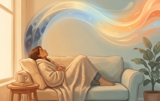 Illustration of a person resting peacefully during bone marrow harvest site pain recovery, with a warm glowing timeline arc