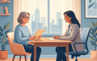 Patient consulting with doctor about knee replacement second opinion in a modern medical office