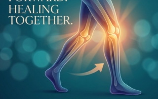 Stylized illustration of legs in motion with glowing knee area representing relief from knee on knee pain
