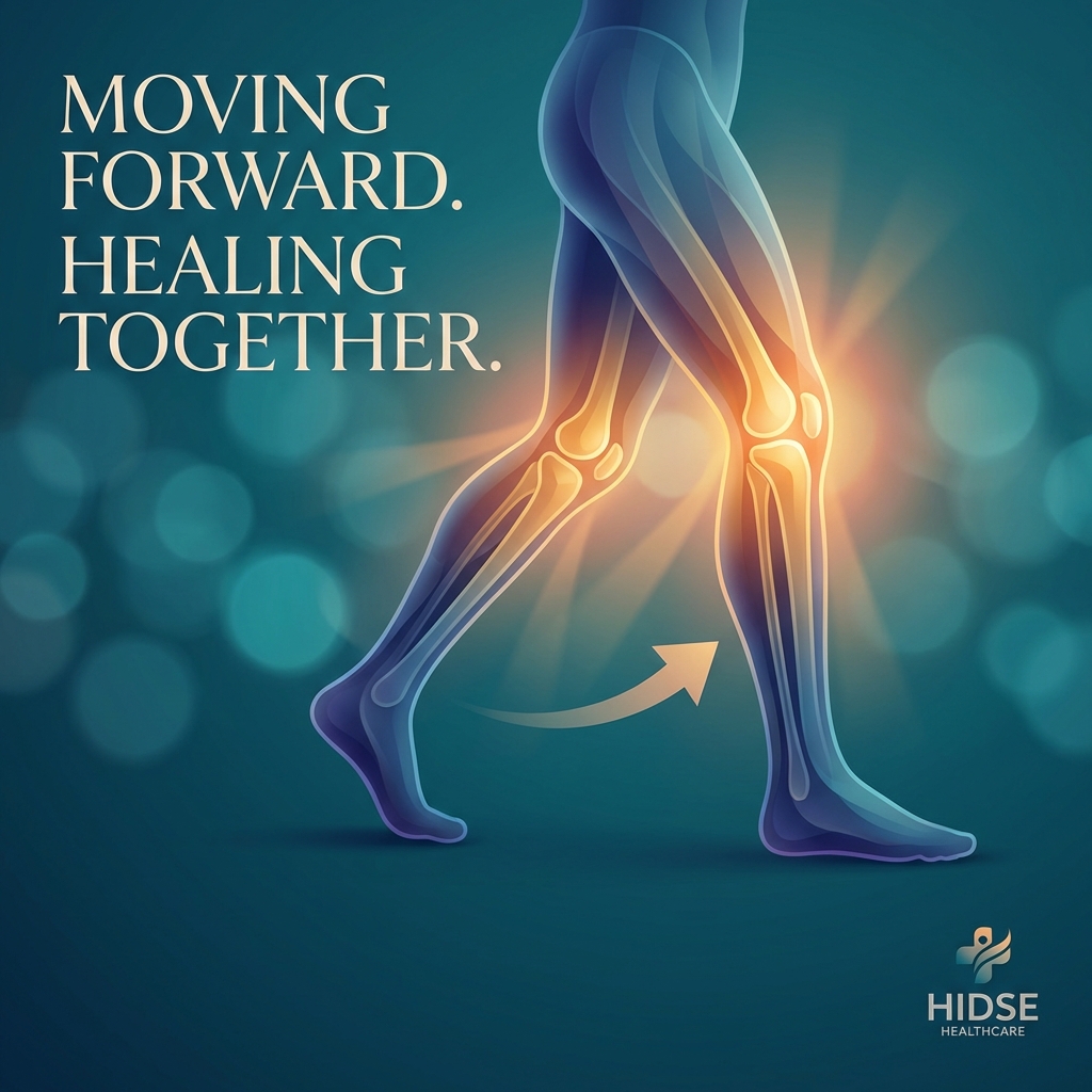 Stylized illustration of legs in motion with glowing knee area representing relief from knee on knee pain