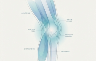 Stylized illustration of the back of the knee highlighting the popliteal area for pain behind the knee diagnosis