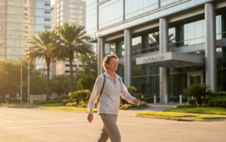 Active patient walking confidently near a modern Houston medical clinic offering regenerative medicine in Houston TX