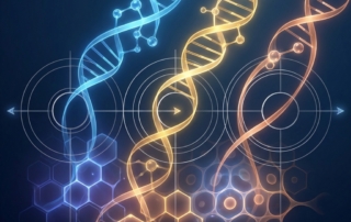Stylized illustration of three peptide molecules representing the tissue repair mechanism phases in blue, gold, and copper light