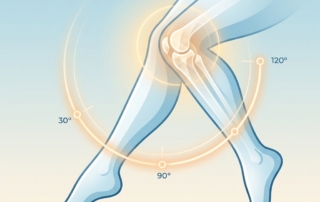 Stylized illustration of a bending knee with angle markers representing the flexion-angle diagnostic framework for knee bend pain.