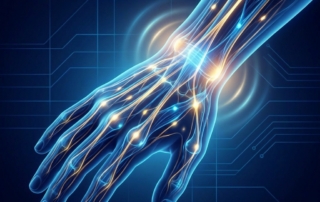 Stylized illustration of a wrist joint with glowing connective tissue representing scapholunate ligament tear treatment pathways