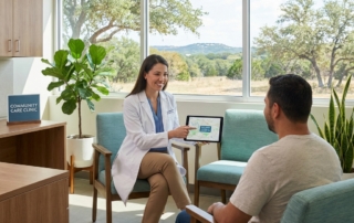 Modern stem cell therapy Austin consultation room with South Austin map and comfortable patient setting