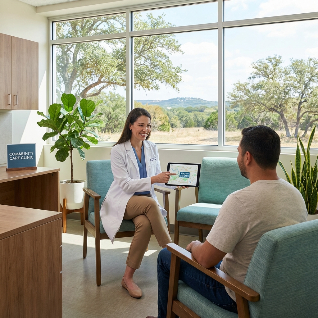 Modern stem cell therapy Austin consultation room with South Austin map and comfortable patient setting