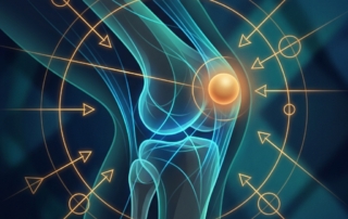 Stylized illustration of a glowing joint with precision targeting lines, representing precision guided regenerative injection therapy.
