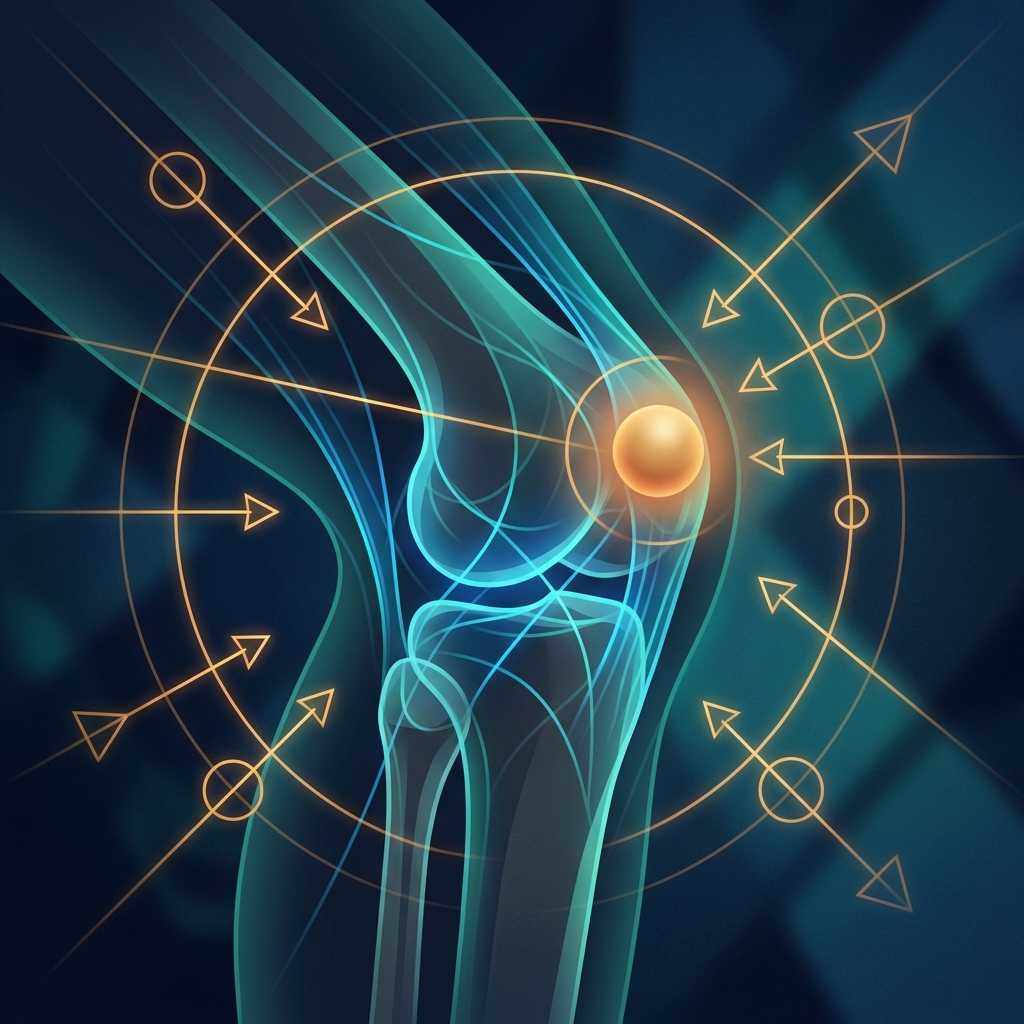 Stylized illustration of a glowing joint with precision targeting lines, representing precision guided regenerative injection therapy.