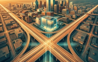 Aerial view of Dallas Texas highway convergence near a modern medical clinic offering stem cell therapy