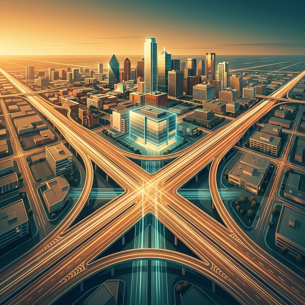 Aerial view of Dallas Texas highway convergence near a modern medical clinic offering stem cell therapy