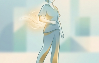 Person experiencing elbow pain relief through non-surgical treatment, illustrated with warm healing light