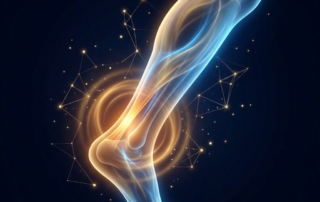 Stylized illustration of Achilles tendon area glowing with regenerative light, representing PRP treatment for Achilles tendonitis