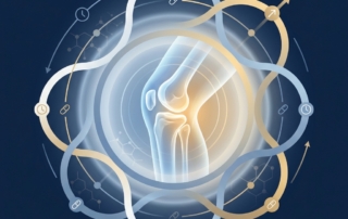 Stylized illustration of a knee joint with structured scheduling elements representing hyaluronic acid injection frequency protocols