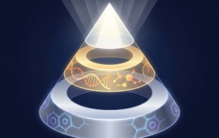 Three-tiered glowing pyramid representing a framework for evaluating regenerative medicine clinical evidence