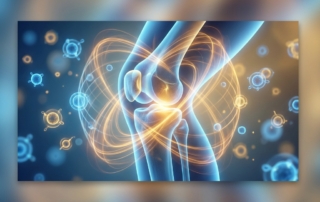 Stylized illustration of a regenerating knee joint representing MCL tear regenerative treatment and structural healing.