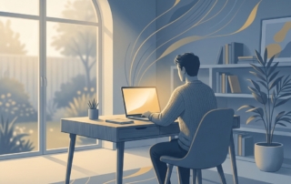 Person at home beginning a regenerative medicine virtual visit on a laptop in a warm, modern setting