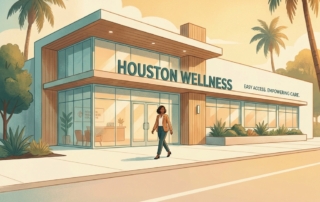 Modern stem cell therapy clinic in Houston Texas along Richmond Avenue, welcoming exterior with warm sunlight
