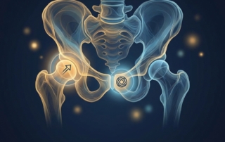 Stylized anatomical illustration of hip region highlighting two distinct bursitis treatment zones for hip bursitis injection treatment