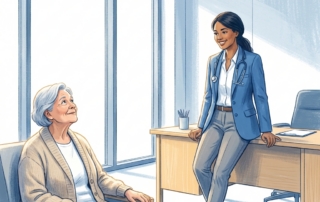 Medical professional consulting with a knee pain patient in a modern clinic, representing ultrasound guided knee injection care.